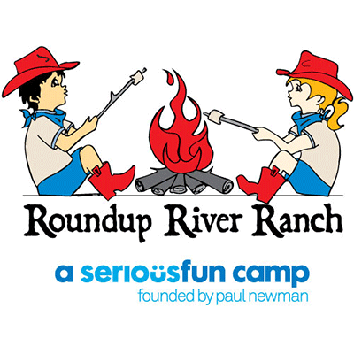 Cartoon illustration of campers roasting marshmallows at a campfire to promote Roundup River Ranch summer camp in Colorado